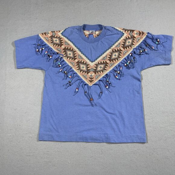 Vintage Shirt Large Reworked Aztec Western Fringe Beaded Made in USA 1980s‎ - Picture 1 of 9